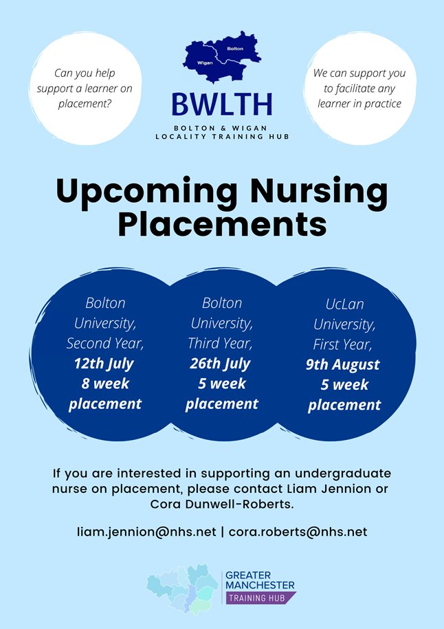 👨‍⚕️👩‍⚕️ 𝗡𝘂𝗿𝘀𝗲 𝗣𝗹𝗮𝗰𝗲𝗺𝗲𝗻𝘁𝘀

Do you work in a GP practice in @WiganBoroughCCG or @BoltonCCG❓

Can you help support a learner on placement in Jul or Aug?

If you are interested in supporting an undergraduate #nurse in #gp, please contact Liam or Cora.

Contact details 🔽