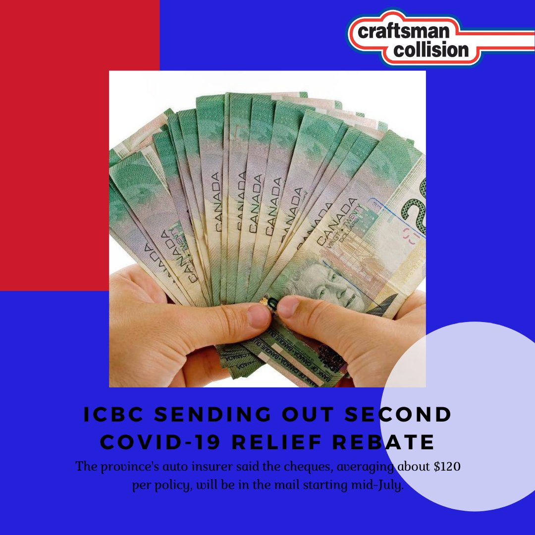 #ICBC is sending out a second rebate check due to less accidents on the road! 

"The province's auto insurer said the cheques, averaging about $120 per policy, will be in the mail starting mid-July."

Keep your eyes peeled!

#Craftsmancollision #rebatecheques #collisionrepair