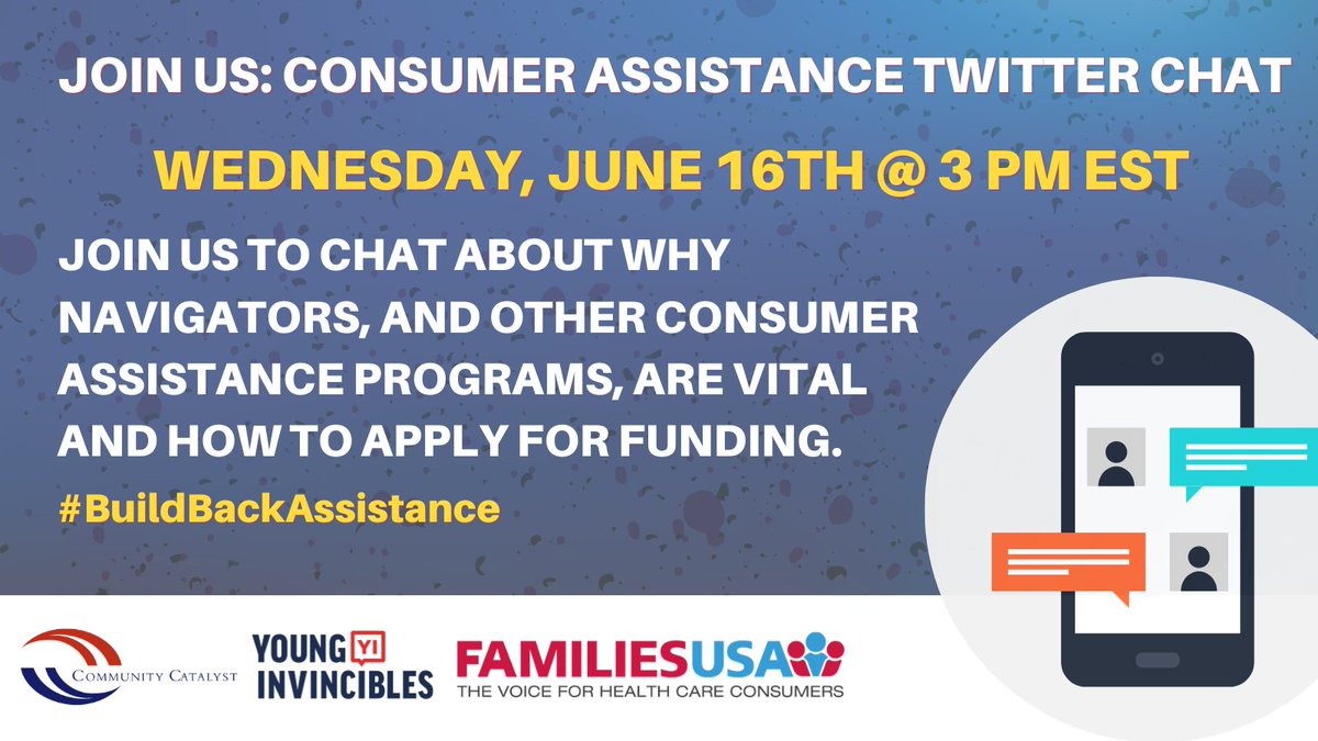 FamiliesUSA's tweet photo. HAPPENING TODAY AT 3 PM EST ❗

The deadline for the Navigator Notice of Funding Opportunity is approaching! Join us, 
@YoungInvincible &amp; @CommCatHealth to discuss the vital role of consumer assistance programs &amp; how you can submit a strong funding proposal. #BuildBackAssistance https://t.co/Bciem7CE8o