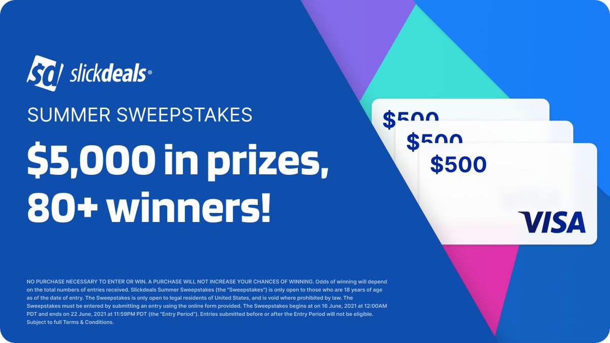slickdeals's tweet photo. Weβre kickstarting Summer 2021 by giving away $5,000 worth of gift cards to 87 lucky winners! Find out how to enter, here. π https://t.co/j4klzCTHMw
(SD Tip: Follow us and share on all socials for additional entries!) #SDSummerSweepstakes https://t.co/jOU1Yp5lDm