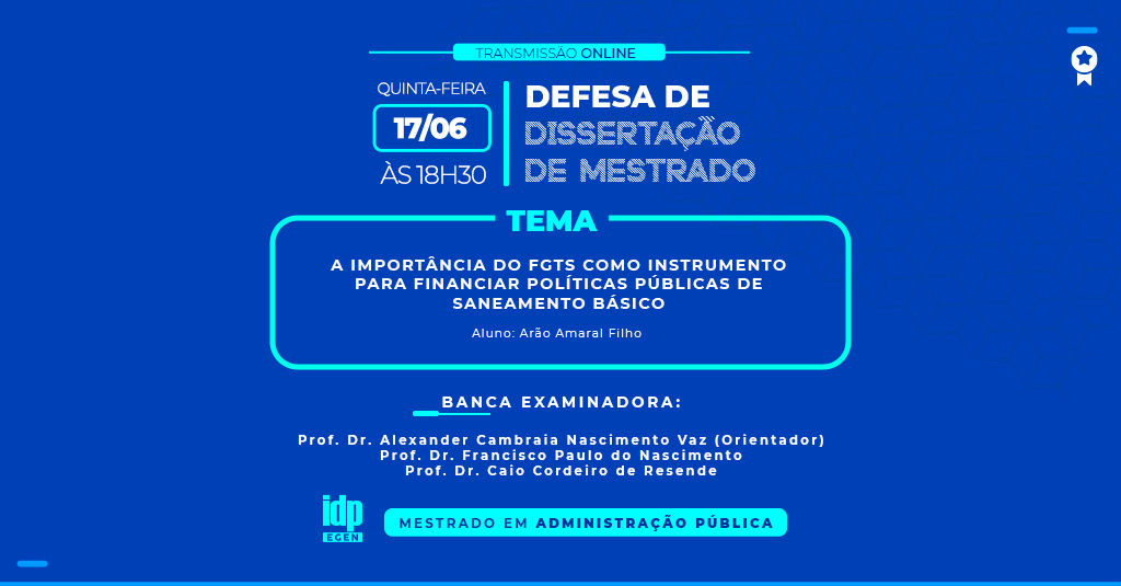 Amanhã vai acontecer a defesa da dissertação de mestrado do nosso aluno Arão Amaral Filho 👏

Para participar deste evento público que será transmitido online, inscreva-se: bit.ly/3ihgfbV

#sejaIDP #EGEN