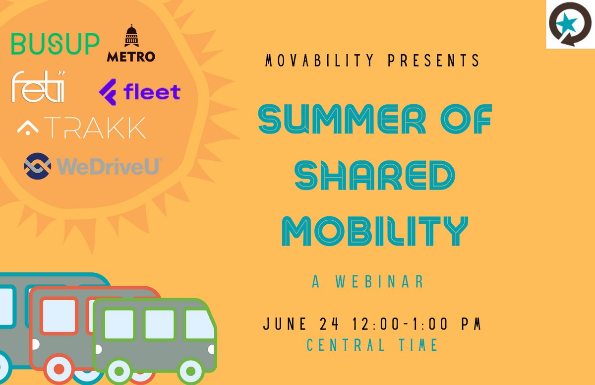 Movability's tweet image. Join Movability and panelists from BusUp, Capital Metro RideShare, @fetiiride, Fleet, Trakk, and @WeDriveU on June 24 for a webinar looking at how shared mobility can boost sustainability, cost savings, and workplace health. Register here: loom.ly/WSvorOw