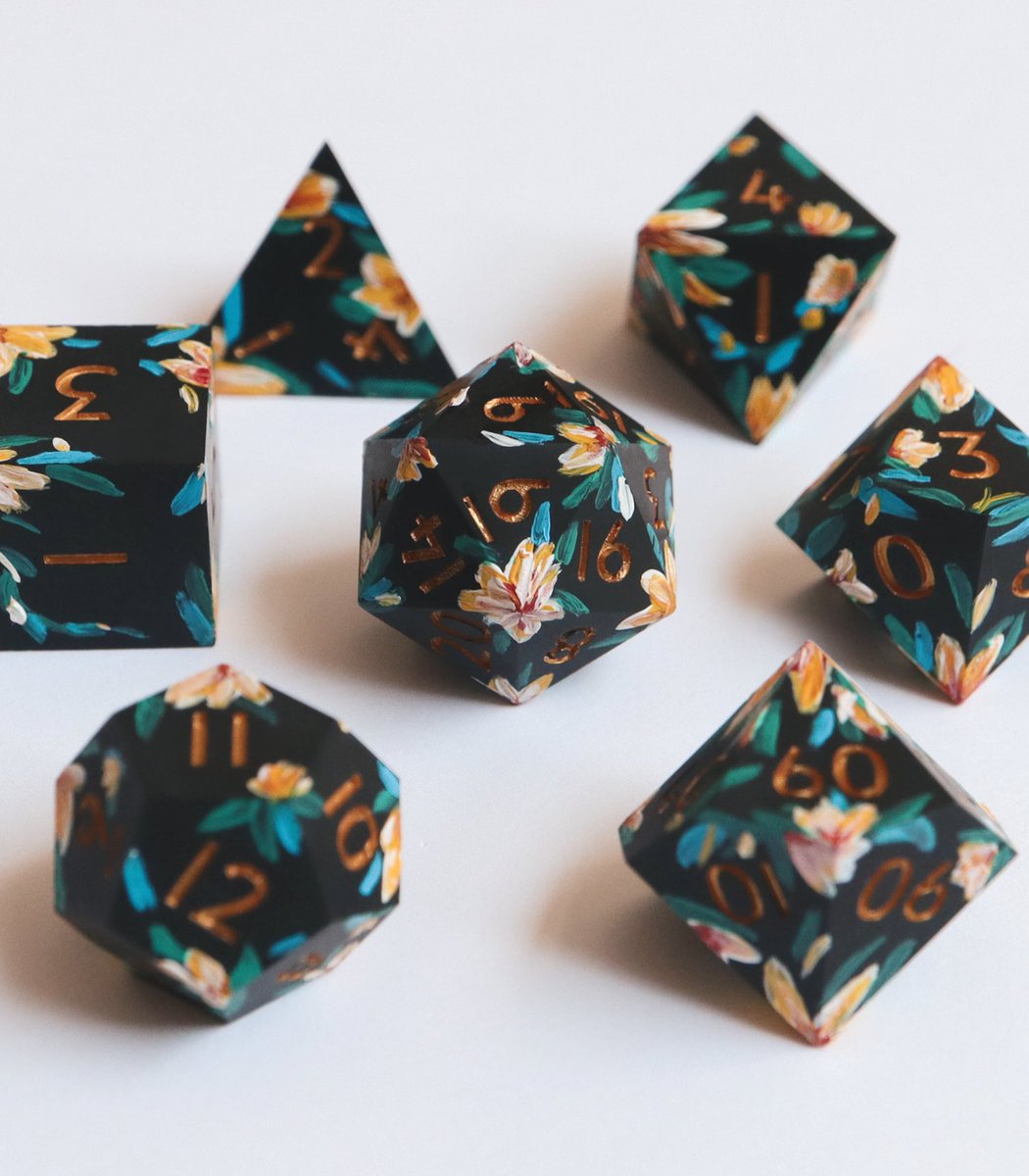 EVERYTHINGDICE's tweet photo. Limited edition Sunflora sets will be added to our store this Friday! These were painted early on as a practice design and won't be recreated ever in the future 🌻 #dnd #ttrpg #dice https://t.co/SVaAAbxSMx