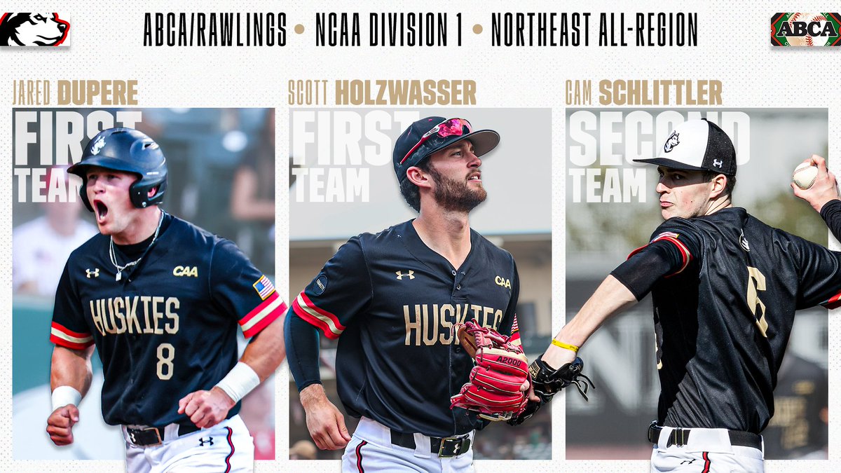 GoNUbaseball's tweet photo. CONGRATS Jared Dupere, Scott Holzwasser (@scott_holz22) and Cam Schlittler (@camschlittler14) on being named to the ABCA/Rawlings All-Region Teams‼️

🔗| https://t.co/lmLGhWTnwX

🐾⚾️ #HowlinHuskies https://t.co/ED2XAKvVOm