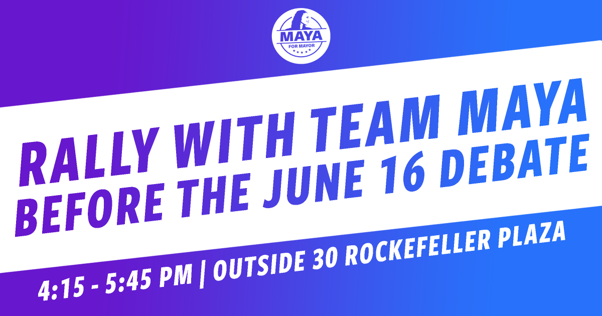 Tonight is our last debate and we’re showing up for the mayor we need and deserve. Join us to cheer Maya on at our pre-debate rally and virtual watch party.  maya4.nyc/FinalDebateRal… &amp; maya4.nyc/FinalWatchParty
#MayorWiley #Mayamentum