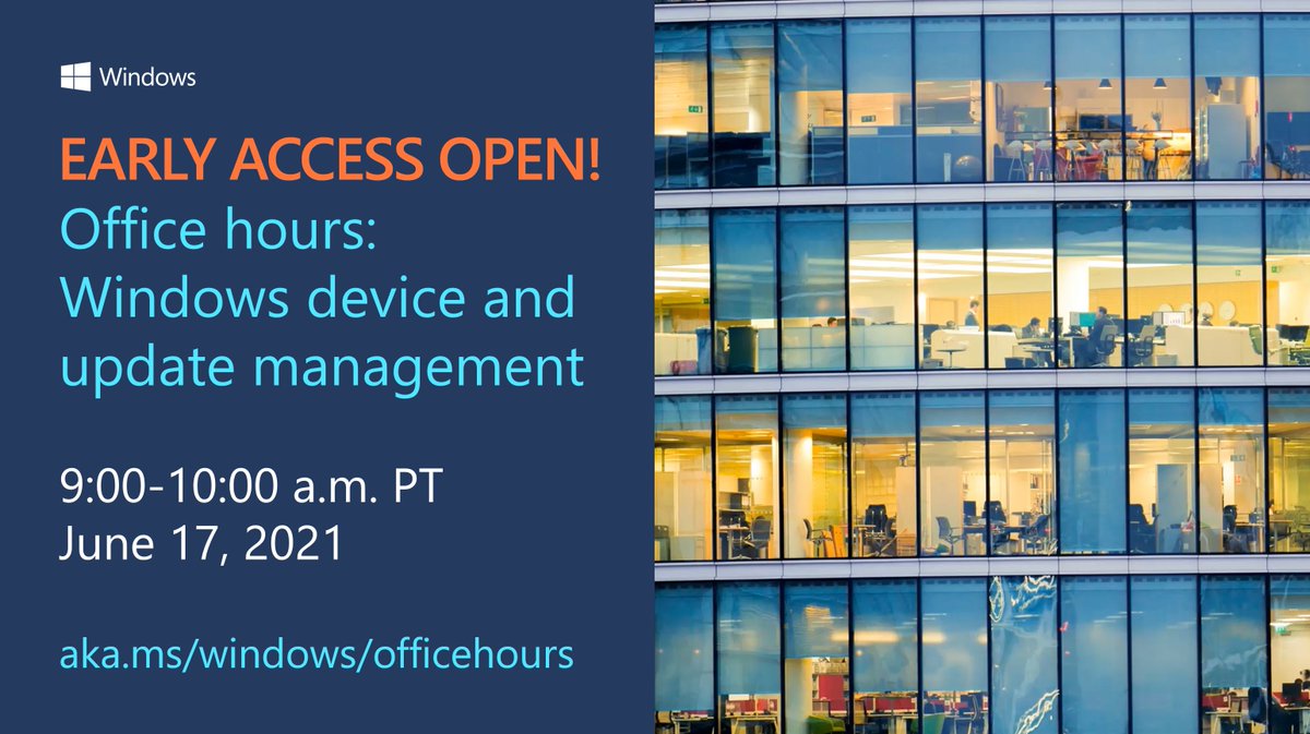 MSWindowsITPro's tweet image. Early access! Post your ❓⁉️ now for tomorrow&apos;s #Windows10 office hours! Where? 
Right here ➡️aka.ms/windows/Office…

#DeviceManagement #UpdateManagement #WindowsUpdate #MEMpowered