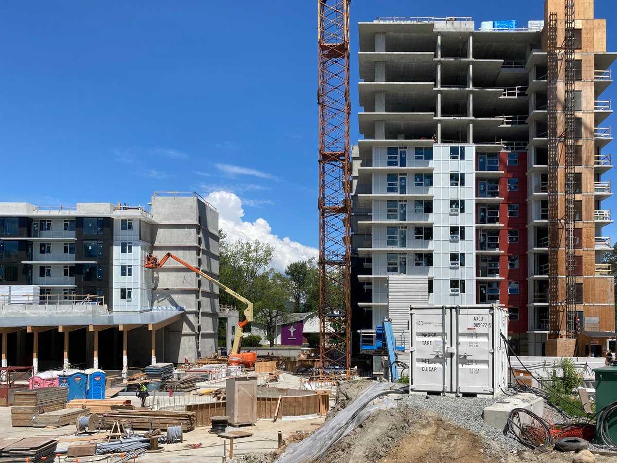 The glulam features have been installed on our Village Centre site at leləm̓ and check out the nice view!. #polygon #lelem #lelemliving #rentalhousing #vancouver #ubc #mcc #musqueam #musqueamcapital #architecture #design #multifamily #mixeduse