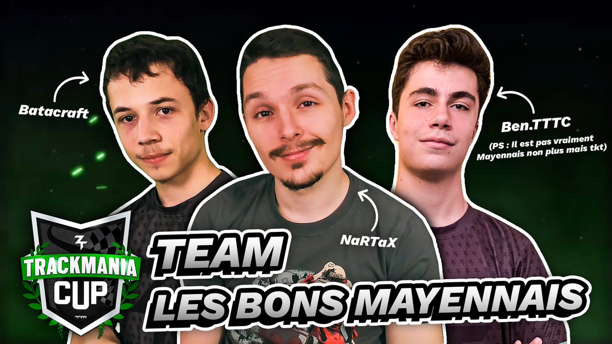 Ça y est ! Notre trio pour la #TMCUP2021 est prêt à rouler sur la compétition !

Notre team est composée de moi-même, du bro <a href="/Batacraft/">Batacraft</a> et de notre jeune recrue <a href="/BenTTTC/">Ben.TTTC</a> 

On est hype, on est chaud patate ! Let's go try hard les maps ! 💪🔥