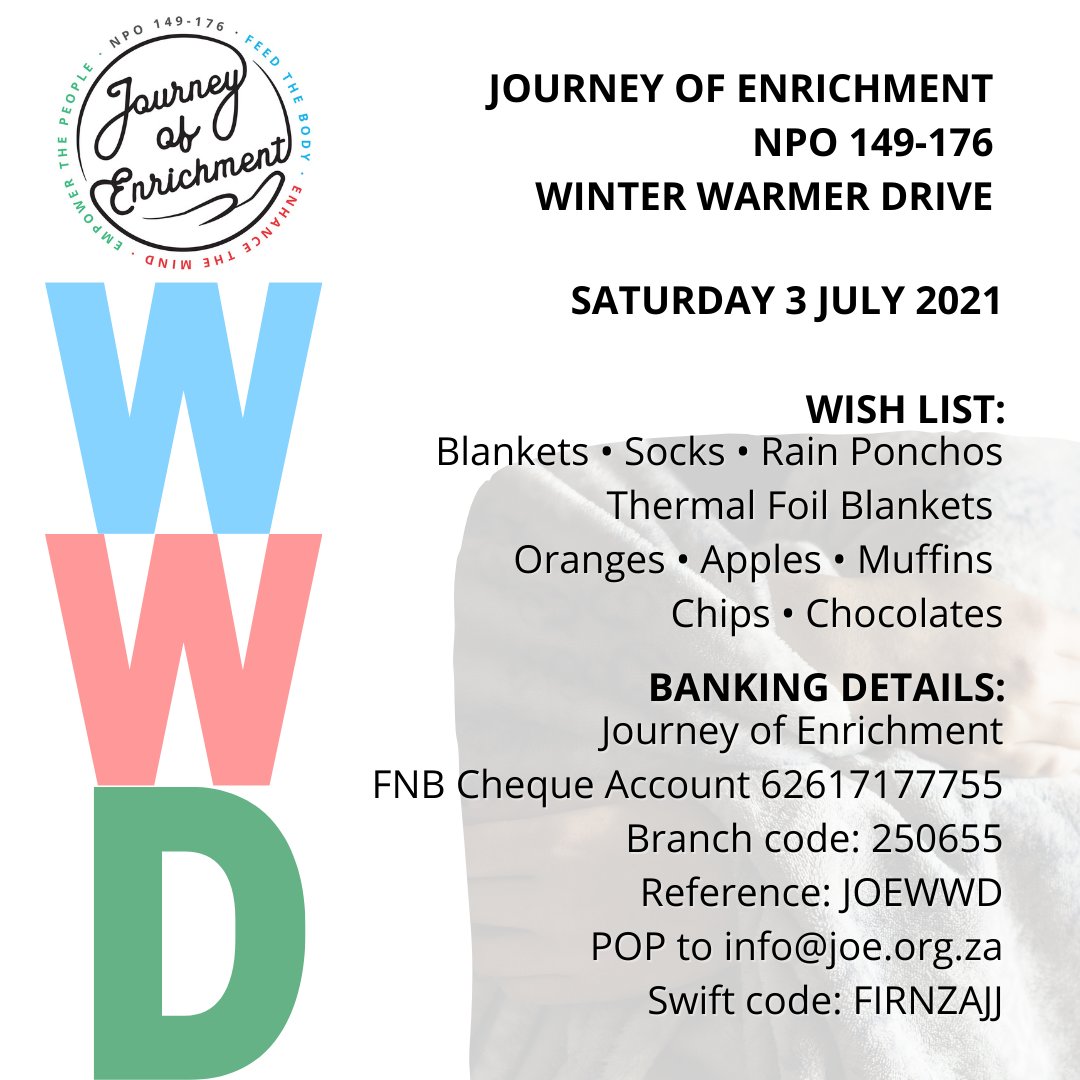 journeyofenrich's tweet photo. Inititative for the homeless this winter #homelessincapetown #winterwarmerdrive #journeyofenrichment https://t.co/iOjywKOa25