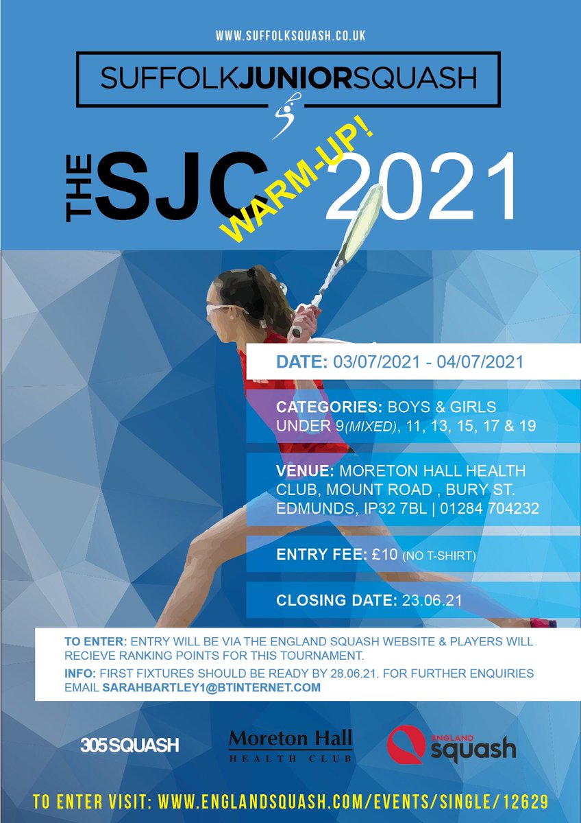 Great to see the warm up tournament for the Suffolk Junior Closed being held at Moreton Hall on the 3rd-4th July. Not long left to enter though so go, go, go! Link to enter via news tab of our website. #suffolksquash #squash #suffolkjuniorsquash #moretonhallhealthclub