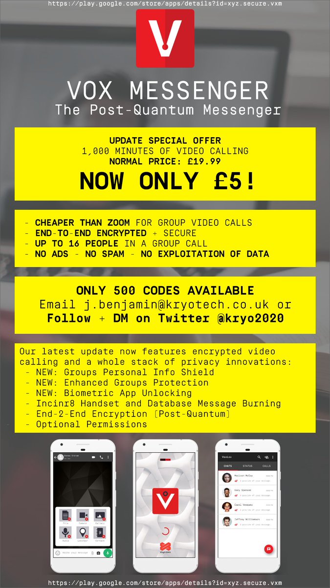 kryo2020's tweet image. #Kryotech #VoxMessenger #PostQuantumMessenger #ShareMe
We've introduced high-quality, end-to-end encrypted video group calls to our app. We're offering this at an introductory reduced price of only £5 per 1,000 minutes of video calling.

Only 500 codes available.