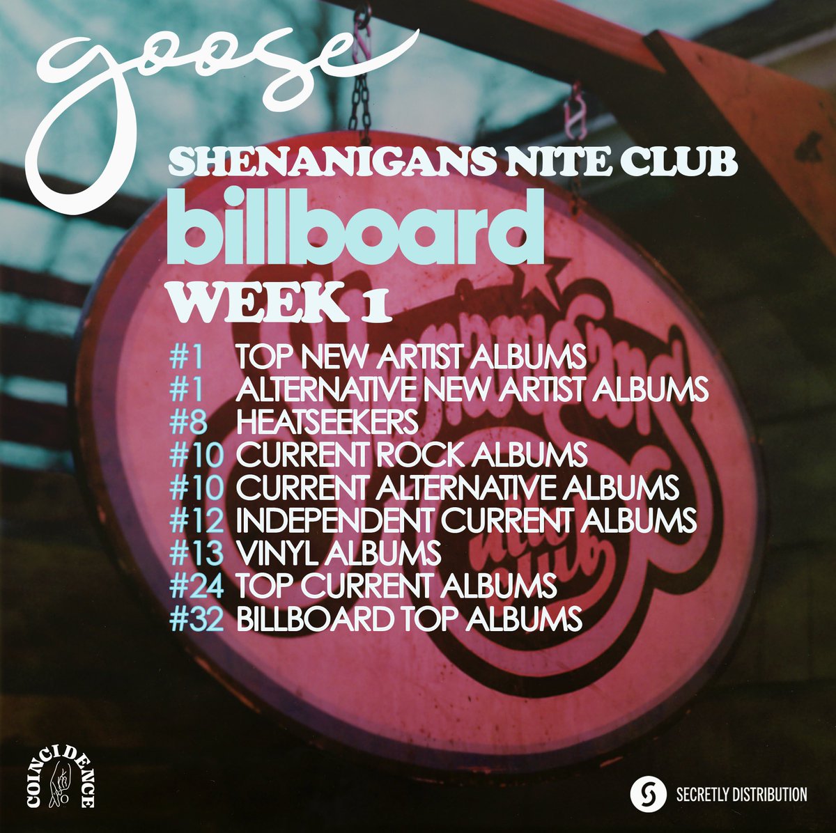 goosetheband's tweet photo. Shenanigans Nite Club is charting on Billboard!! Thank you all so much for listening and supporting the record ❤️ @billboard https://t.co/GtNlloagoY