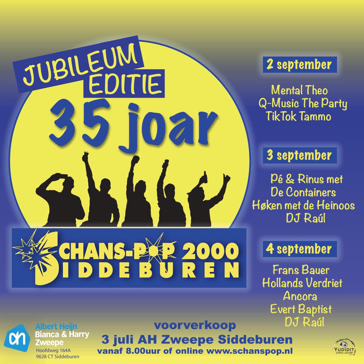 schanspop's tweet image. Op 2, 3 &amp;amp; 4 september gaan we onze 35 jarige verjaardag vieren met een speciale jubileum editie. Start van de voorverkoop op zaterdag 3 juli 08.00 uur bij Albert Heijn Bianca &amp;amp; Harry Zweepe en natuurlijk online via schanspop.nl