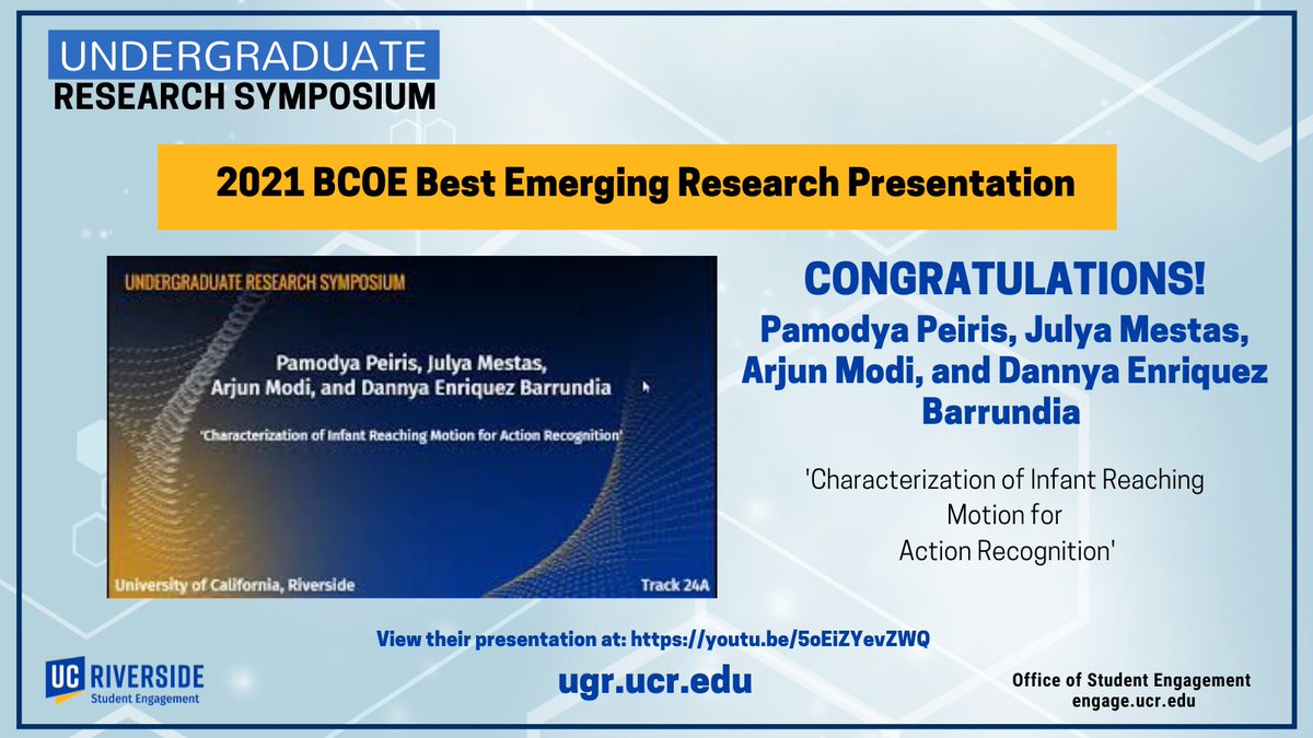Congratulations to the 2021 BCOE Best Emerging Research Presentation from this year's Research Symposium; Pamodya Peiris, Julya Mestas, Arjun Modi, and Dannya Enriquez Barrundia. 
View their presentation at: youtu.be/5oEiZYevZWQ 
#UCRresearch #ucrstudentengagement 
<a href="/UCRBCOE/">UCR Bourns College of Engineering</a>