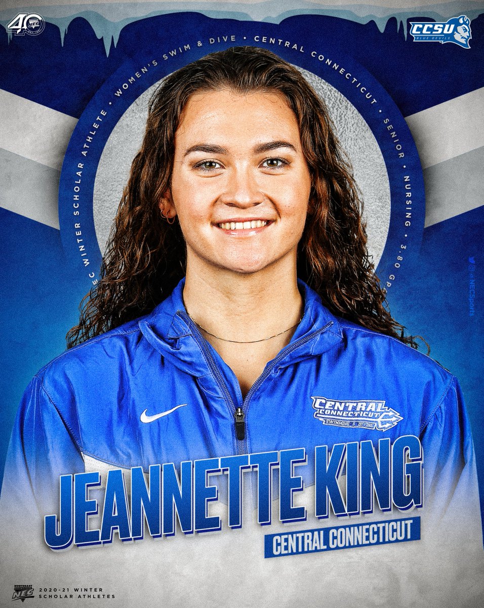NECsports's tweet photo. 2⃣0⃣2⃣0⃣➖2⃣1⃣ @necswimdive Women's  Scholar-Athlete of the Year ⤵️

➡️ Jeannette King, @CCSUBlueDevils 

🗒️ She won THREE individual events at the annual conference championship meet and earned CCSU’s Student-Athlete Academic Award as a Nursing major.

#NECSAOTY #STUDENTathlete https://t.co/8cWABZziiv