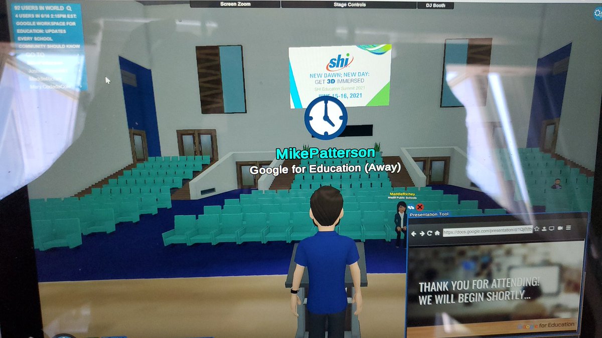 MPattersonEdu's tweet photo. Getting ready to talk @GoogleForEdu  with all my friends attending the 2021 @SHI_Intl #Edu #Summit.  Check out this cool virtual presentation space by @DssCampus and the awesome avatar of me! #k12 #edu  #SHIeduSummit https://t.co/h9ElpnAjPD
