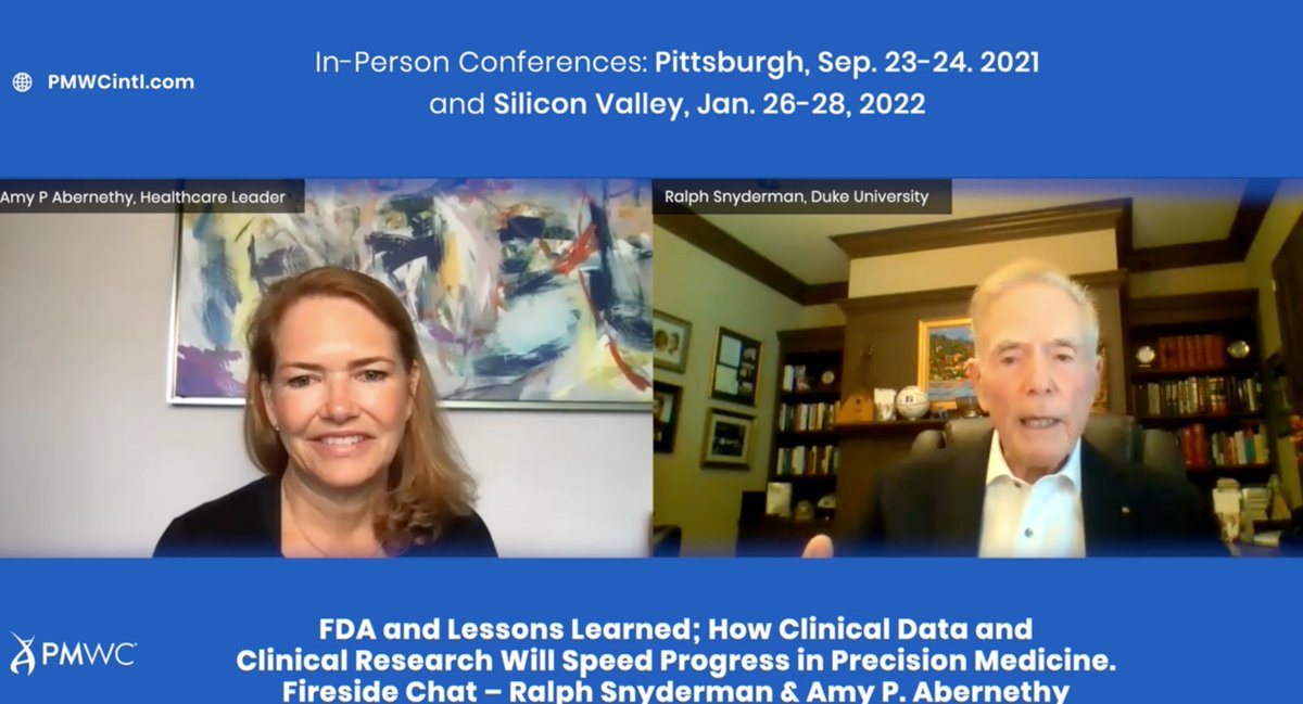 This Friday #PMWC21 FDA and Lessons Learned; How Clinical Data and Clinical Research Will Speed Progress in Precision Medicine. Fireside Chat: <a href="/SnydermanMD/">Ralph Snyderman, MD</a>  &amp; <a href="/dramyabernethy/">Amy Abernethy</a> <a href="/DukeHealth/">Duke Health</a>  <a href="/DukeMedSchool/">Duke University School of Medicine</a>  @DukeCAGPM <a href="/DukePHC/">Duke Center for PHC</a> #COVID19. Join: tinyurl.com/pmwc-virtual