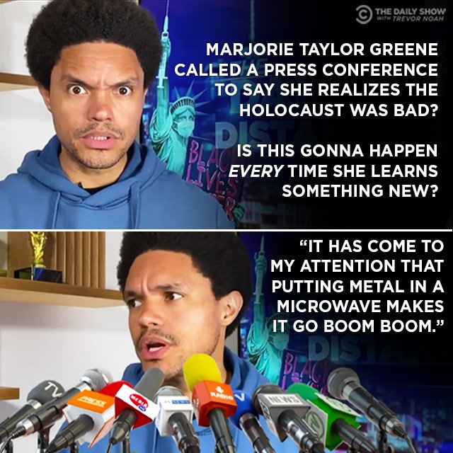 TheDailyShow's tweet image. Marjorie Taylor Greene has discovered the Holocaust.