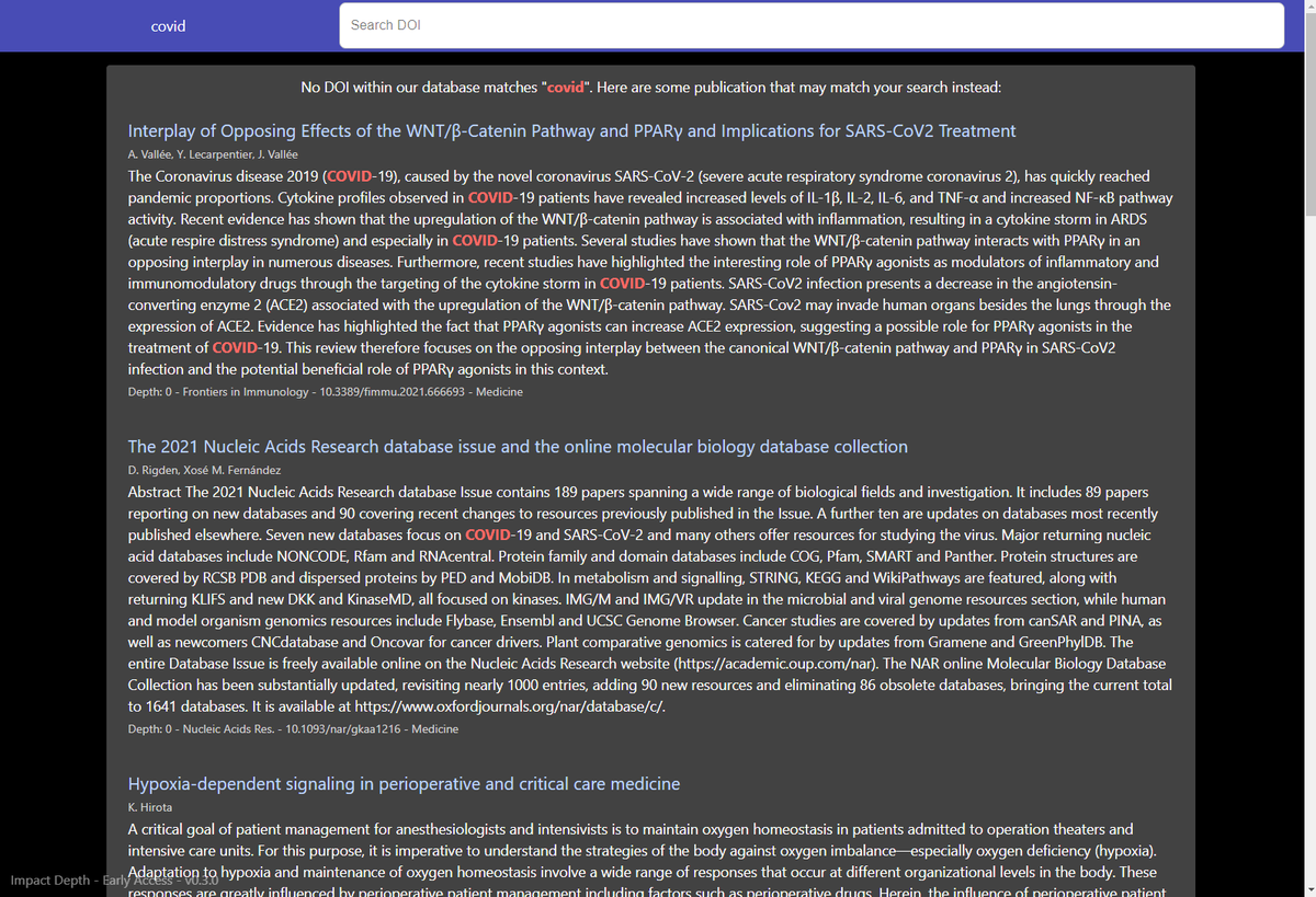 ImpactDepth's tweet photo. You can now search up keywords and terms on Impact Depth and we will recommend you publications that we have citations tree available for!

Try it out by searching for COVID on Impact Depth: https://t.co/DUhc8CEZ73 https://t.co/FNtWGvAnAH