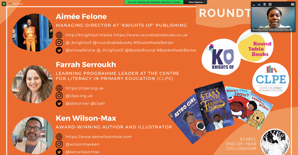 What an amazing line up for the <a href="/STARYLcommittee/">STARYL</a> roundtable discussion, part of their end-of-the-year colloquium  👏👏 <a href="/aimeefelone/">Aimée Felone</a> <a href="/storyriver/">Farrah Serroukh</a> <a href="/kenwilsonmax/">Ken Wilson-Max</a>