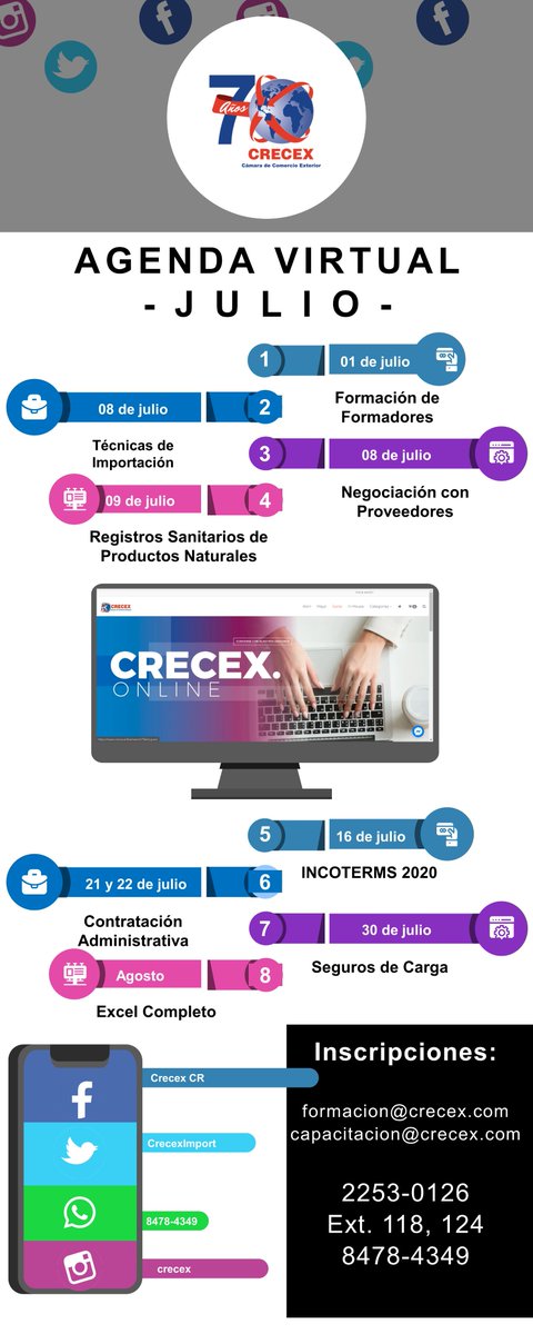 CrecexImport's tweet image. Si anda en busca de capacitaciones para la mejora de su conocimiento personal y laboral, ¡CRECEX es su mejor opción!.

Por esta razón les presentamos la agenda de capacitaciones del mes de julio.

#Crecex #capacitaciononline #formacionempresarial #JULIO #costarica #Capacitaciones