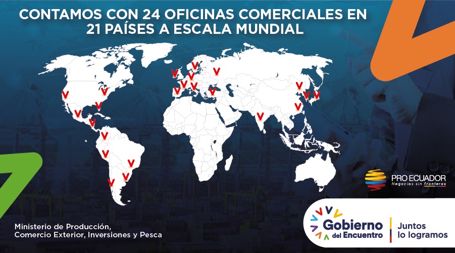 MinTrabajoEc's tweet photo. .@Produccion_Ecu, a través de las 24 oficinas comerciales de @ProEcuador_ en 21 países, se ha convertido en un aliado estratégico para potenciar la internacionalización de grandes, medianas y pequeñas empresas ecuatorianas que salen a conquistar el🌎 #MásEcuadorEnElMundo https://t.co/875Nm0I0Ur