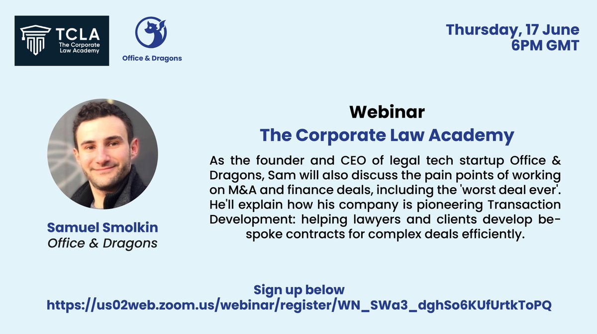 officendragons's tweet photo. We're really excited to be taking part in @OfficialTCLA  webinar tomorrow on Thursday at 6PM! Join to see our very own @samsmolkin1 talking about his life before the crazy jump to the startup life 😸 #PrivateEquity #investment #deals #lawfirms #LegalTech https://t.co/Sf49anjuc0
