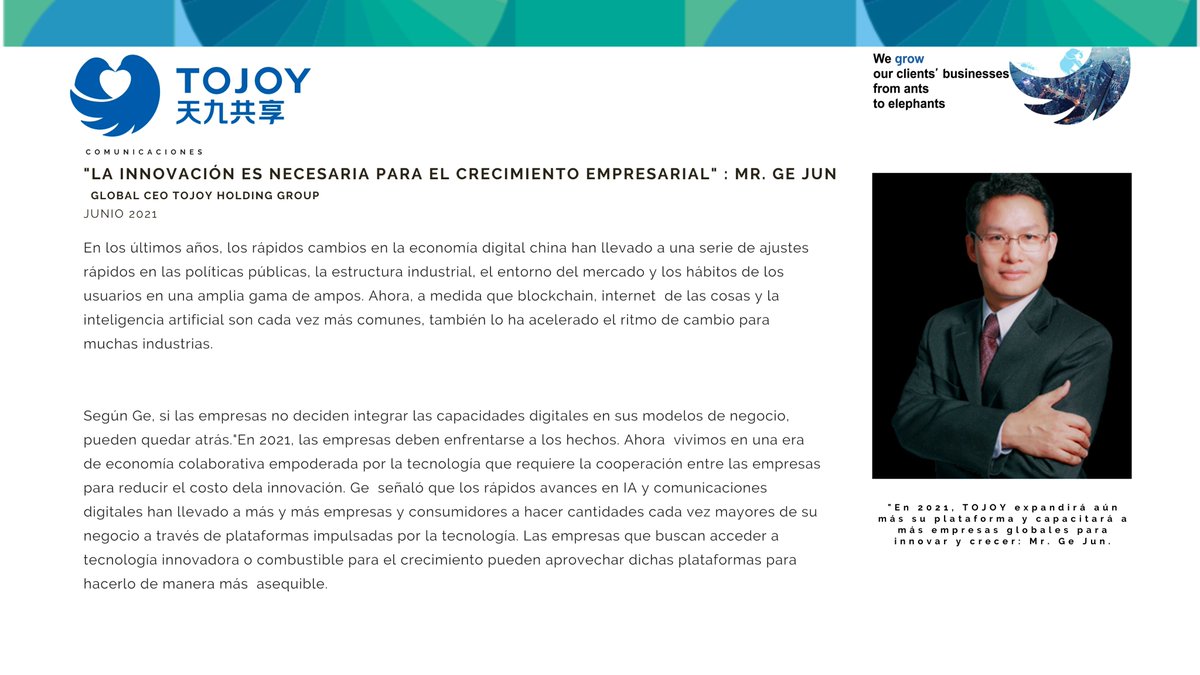 TojoyMexico's tweet photo. "La innovación es necesaria para el crecimiento empresarial. En 2021, TOJOY expandirá aún más su plataforma y capacitará a más empresas globales para innovar y crecer": Mr. Ge Jun, Global CEO #ToJoy Holding Group
junio 2021 
#comunicaciones https://t.co/f0cFDNcH7A