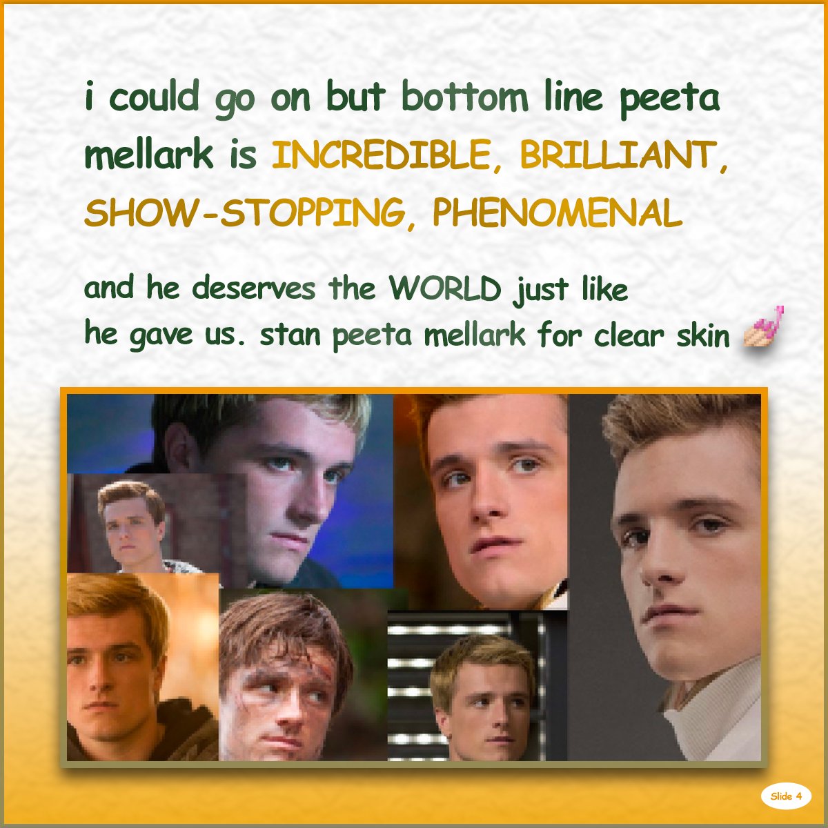 TheHungerGames's tweet image. next time someone tells you they don’t like peeta, just show them this powerpoint presentation i made. 😘