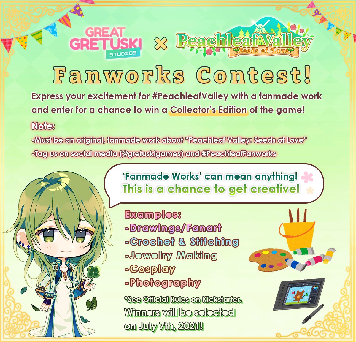 With so much love and support directed towards #PeachleafValley, the development team has decided to put together a small contest to celebrate our funding and the game! 💐🌸✨💕

Check out the #PeachleafFanworks Contest! 🖊️

Rules &amp; How To Enter: bit.ly/3zuMWsv 👈