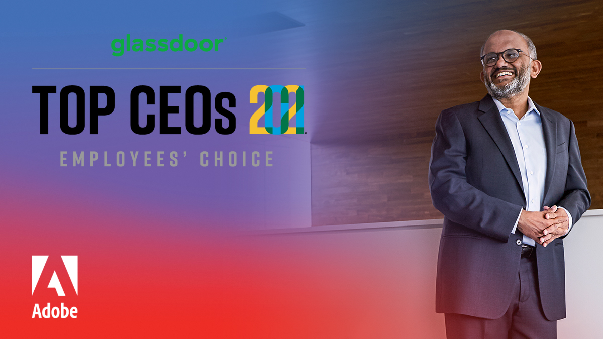 AdobeCareers's tweet photo. Congratulations to our CEO, Shantanu Narayen, for being named no. 2 on @Glassdoor's list of #TopCEOs! We are proud to have a leader who is building the future of creativity and transforming businesses everywhere. Become part of #AdobeLife and apply today. https://t.co/xgiXBFnR6Y https://t.co/QJescGCUWa