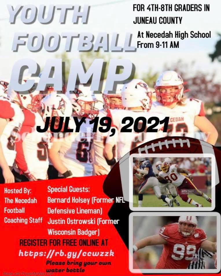 necedahcardinal's tweet photo. Cardinal Football Camps on July 19th!

Grades 4-8 will have camp from 9-11 AM (available to any Juneau county youth). High School Camp will run from 12-2 PM (this camp will be for Necedah High school students). #NecedahPride 

Register here before July 12: https://t.co/G7scZQ0QpZ https://t.co/GAJ6iLd5Ir