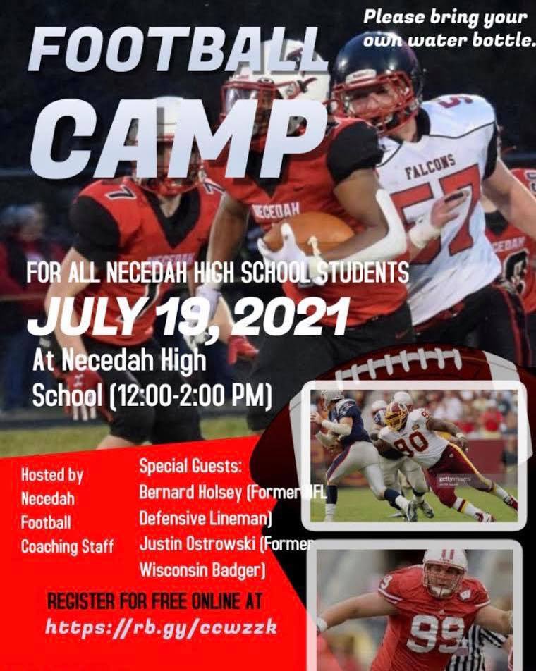 necedahcardinal's tweet photo. Cardinal Football Camps on July 19th!

Grades 4-8 will have camp from 9-11 AM (available to any Juneau county youth). High School Camp will run from 12-2 PM (this camp will be for Necedah High school students). #NecedahPride 

Register here before July 12: https://t.co/G7scZQ0QpZ https://t.co/GAJ6iLd5Ir