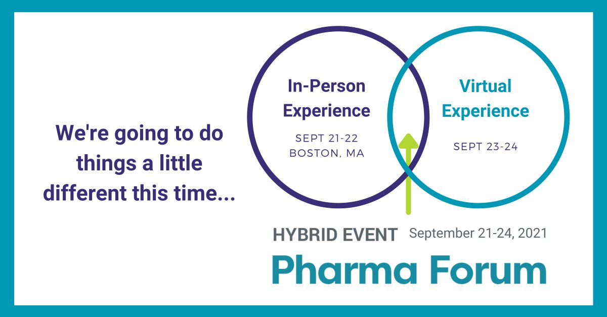 #PharmaForum Fall 2021 will take place as a HYBRID event – In-Person Experience: Sept 21-22 in Boston; Virtual Experience Sept 23-24.

Choose the All Access Pass or Virtual-Only. bit.ly/2SHO6QF 

#EventProfs #MeetingProfs #EventPlanner #MeetingPlanner #MeetingsandEvents