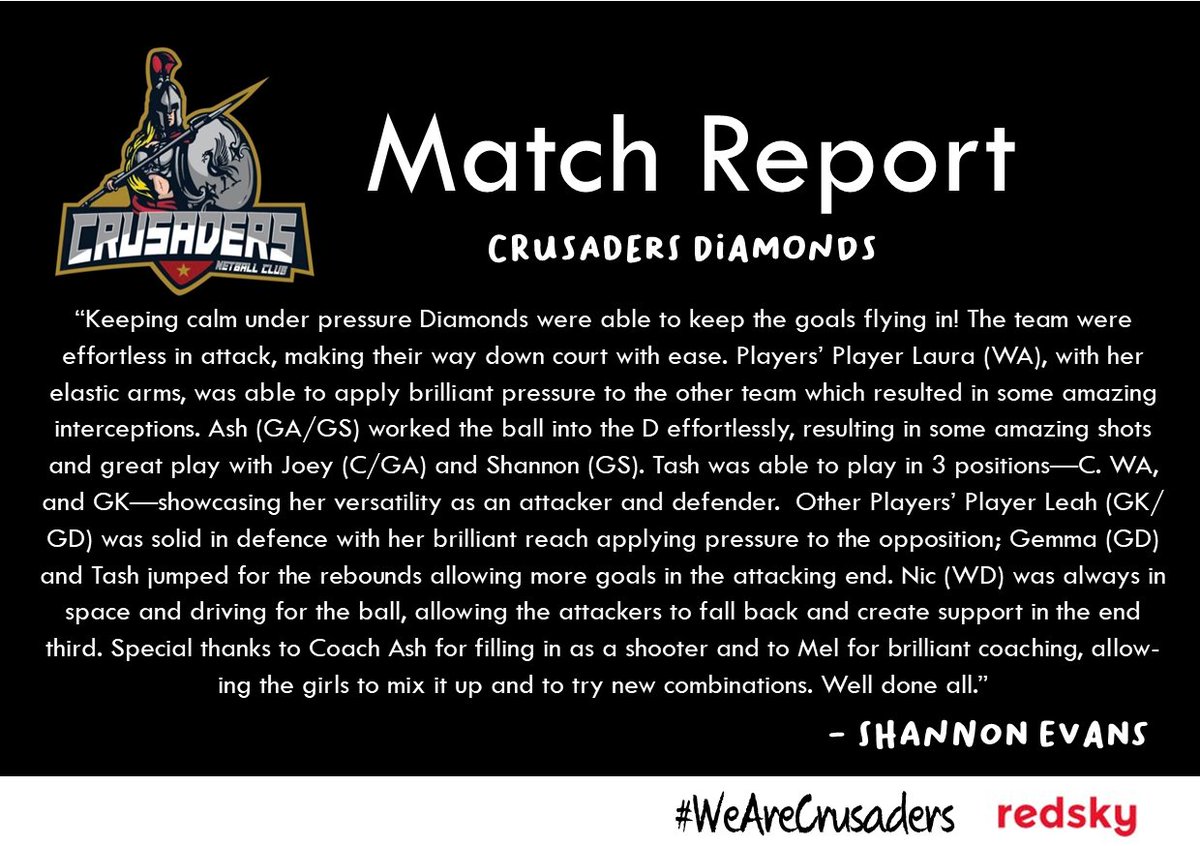 Diamonds took another win early this week with a final score of 29 to 7! 🎉 With players out of position the result shows how they have really come on as a team. Swipe for thoughts from Player of the Match <a href="/Shannon031198/">Shannon Marie Evans</a> 

#WeAreCrusaders #Netball #Liverpool