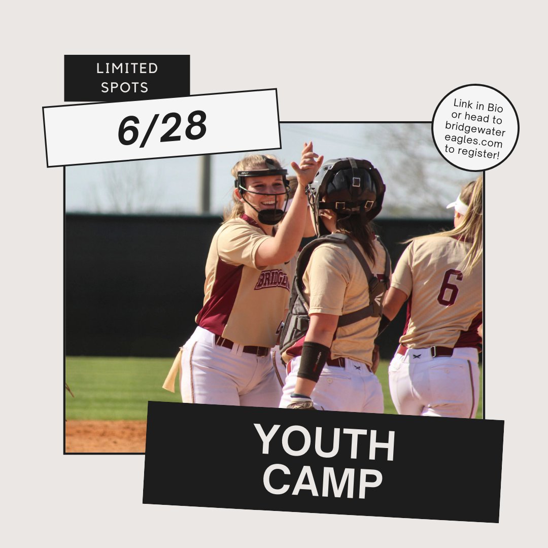 There's still time to sign up for our Prospect Camp (Tuesday, 6/22) and our Youth Camp (Monday, 6/28)

We can't wait to work with the future of Eagle Softball!

bridgewatereagles.com/sports/sball/2…