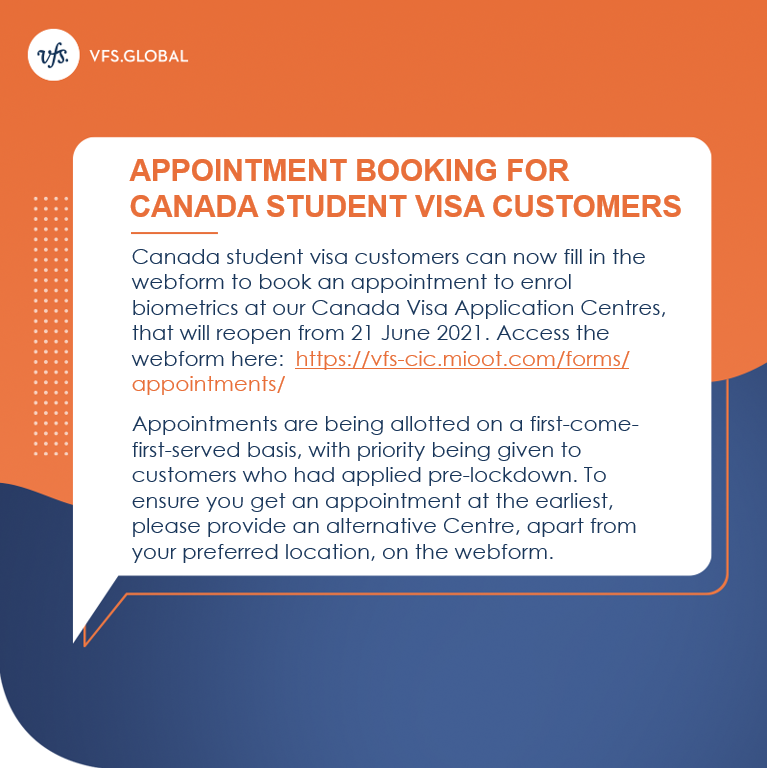 VFSGlobal's tweet photo. Appointments will be available for all Canada student visa customers. To access the webform, visit: https://t.co/A41Q1xvCYx
Due to the high volume of pending applications, we may take up to 2-4 working days to confirm your appointment. Thank you for your patience &amp; understanding. https://t.co/SQjZnNJOg1