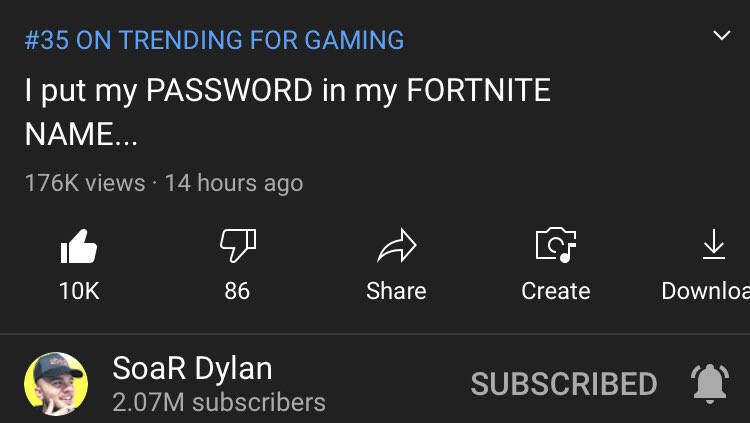 SoaRDylanStats's tweet photo. @SoaRDylan’s latest video, “I put my PASSWORD in my FORTNITE NAME…” is #35 on #TrendingForGaming! LETS GOOOO https://t.co/BdUX82gAEU