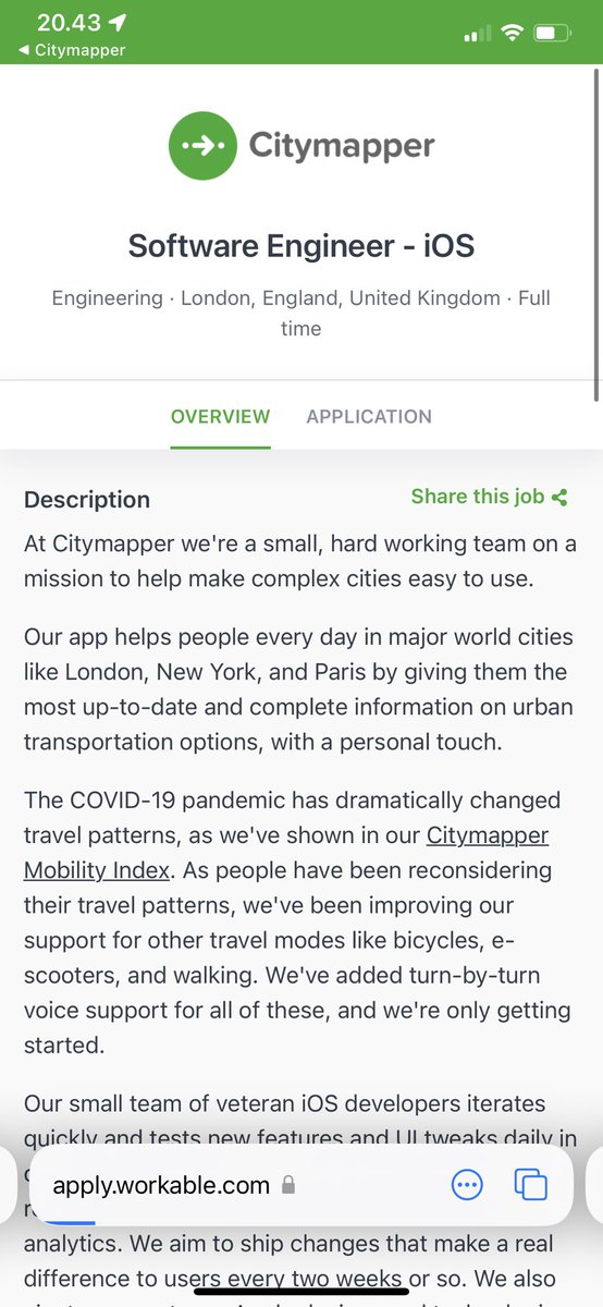 Pretty cleaver recruitment tactic applied here by @Citymapper 🗺 #recruiting #developers. On #iOS15 they prompt this dialog, whicich takes you to a SE iOS job post. Brilliant ✨ apply.workable.com/citymapper/j/6…