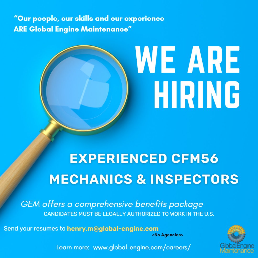 ⚙️📢We are looking for experienced mechanics and inspectors. Candidates must be legally authorized to work in the United States.
📩Email your resume to 
henry.m@global-engine.com <No Agencies>
Visit Our Website lnkd.in/eQnbCBG
#mro #aviation #aerospace #careers #jobs