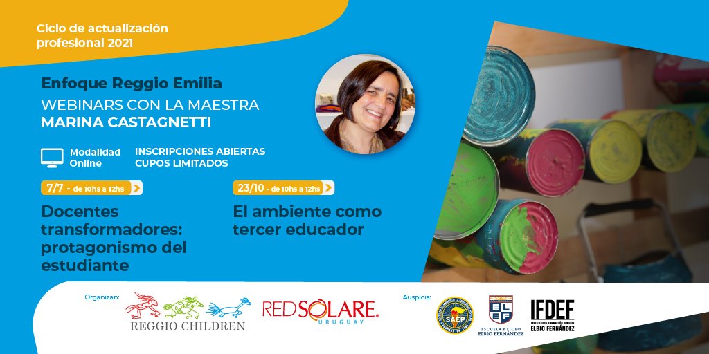 RedSOLAREuy's tweet photo. Inscripciones abiertas para webinars con la Mtra. Marina Castagnetti - enfoque Reggio Emilia. Directamente desde Italia llega una convocatoria imperdible de formación online. Más información aquí: https://t.co/KDdCffyBpr

#ReggioChildren #RedSolare #Capacitación #Uruguay https://t.co/2KVEcK1Kph