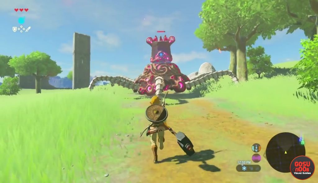 A screenshot from Breath of the Wild where Link is running towards a Guardian while holding a hammer.