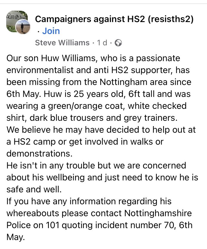 Missing from the #Nottingham area since 6th May - please share. Huw is a friend of Erin’s Auntie &amp; Uncle. #MissingPerson #HS2