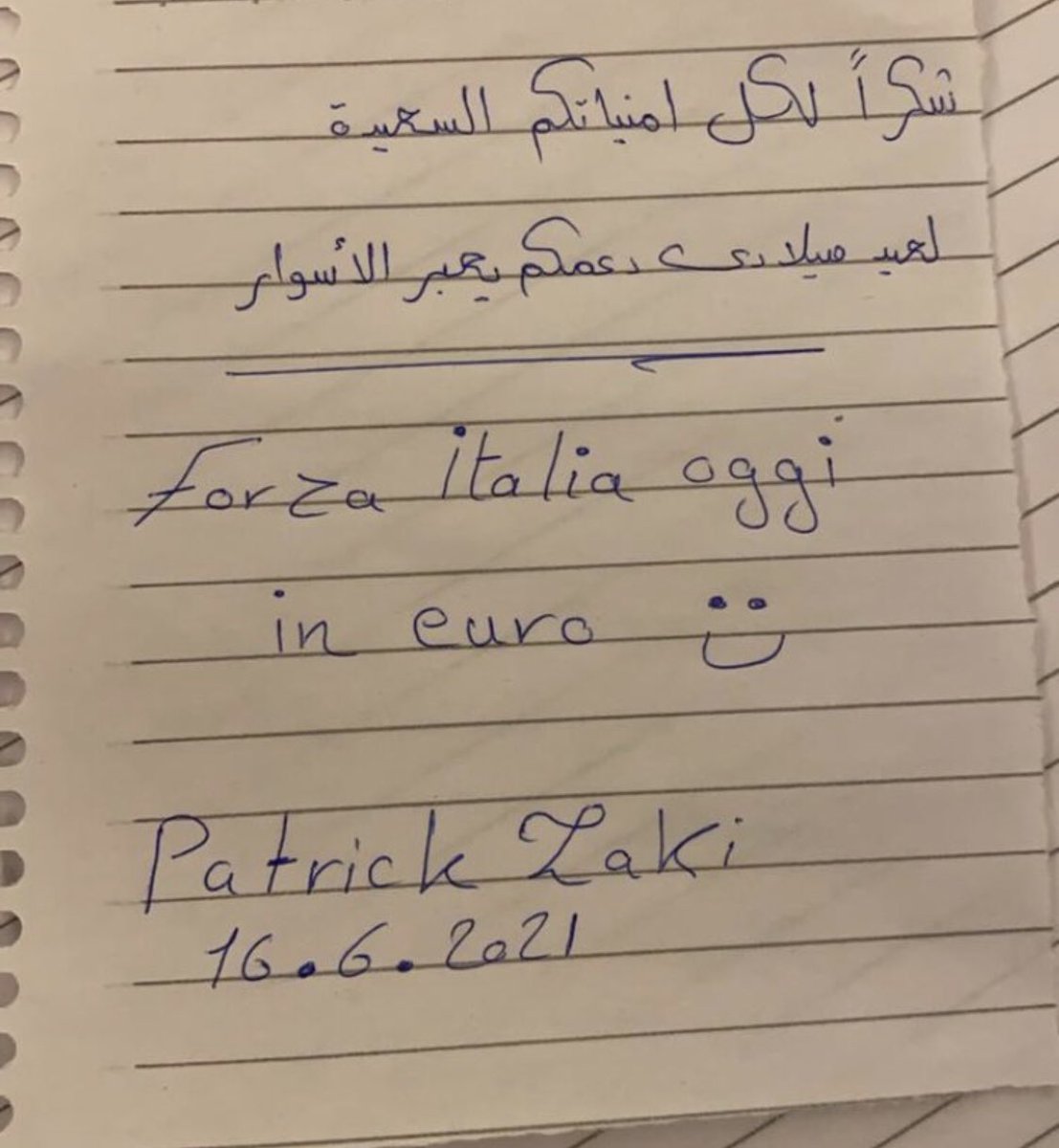 ACarcuro's tweet photo. L’Italia ha già fatto goal. #PatrickZaki ringrazia così 💙
#Patrick30 #Italia #EURO2020 https://t.co/jph14JXo9L