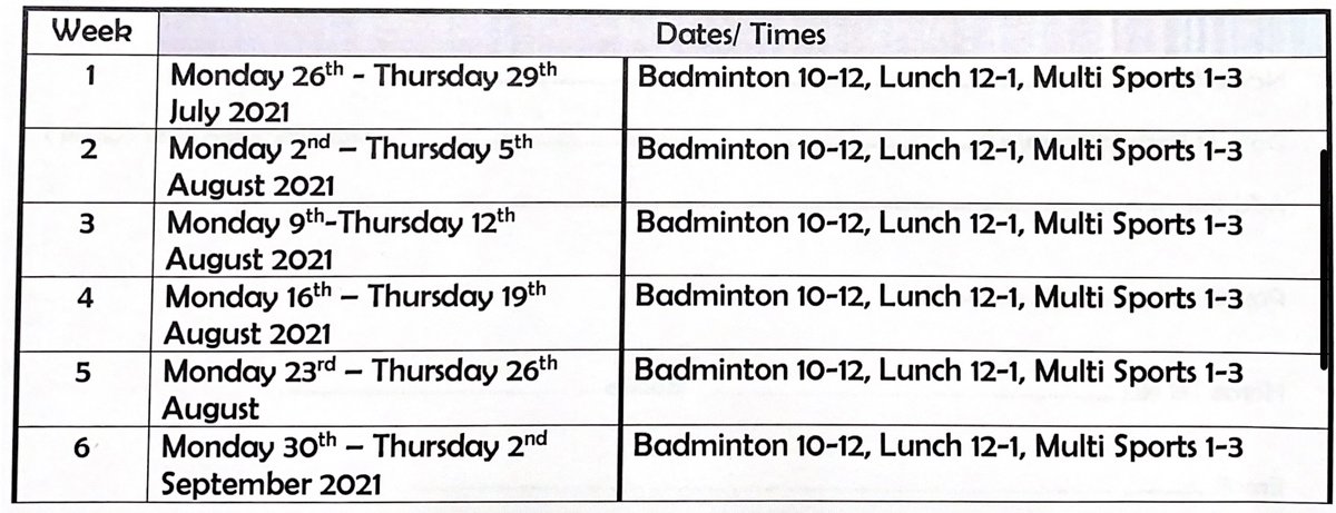 We are now taking bookings for our Summer Sports Camp. 6 weeks of badminton and fun-filled games 🏸 🎾 🏏

If you would like any further information don’t hesitate to call or email 😀