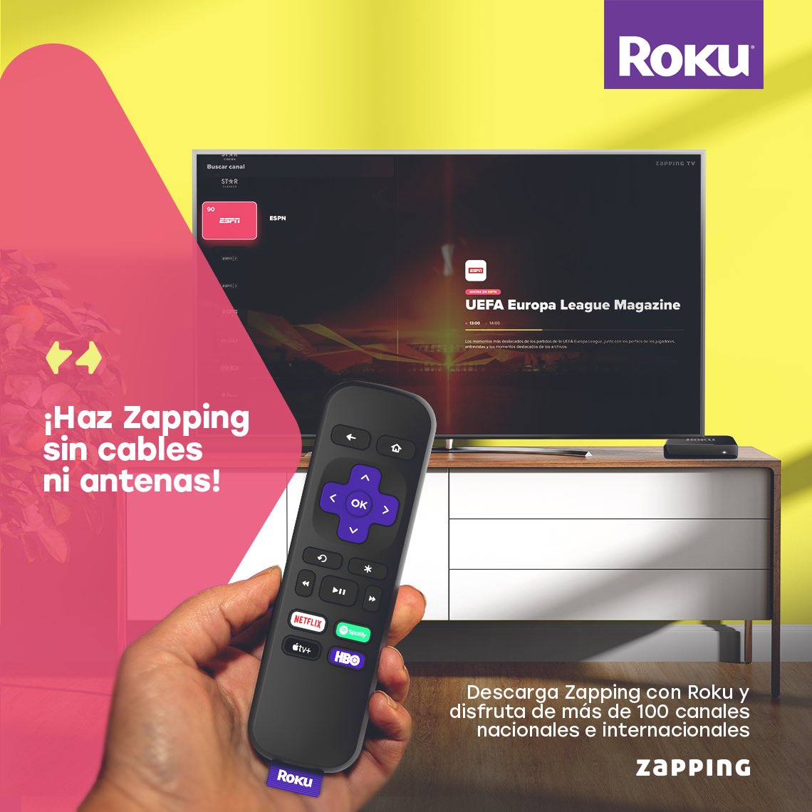 RokuLATAM's tweet photo. 🇨🇱 ¿Algún chileno por aquí? 👀

Les invitamos a bajar la app de #zappingchile 😊 ¿La conocen? 📺 La puedes tener en cualquiera de tus pantallas y podrás ver más de 100 canales nacionales e internacionales. 👌🏾

🌟Comienza tu prueba gratis por 7 días 🌟 https://t.co/mn7zDYP9U2