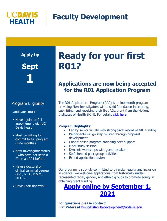 ucdhFD's tweet photo. Ready for your first R01?
Applications are now being accepted for the R01 Application Program (RAP)
For details visit: https://t.co/pCfNtBEHGm
To apply visit: https://t.co/sxxPP3E3jg
For Questions email: hs-ucdhsfacultydevelopment@ucdavis.edu
#UCDHealth #FacultyDevelopment https://t.co/UNW33XbA8s