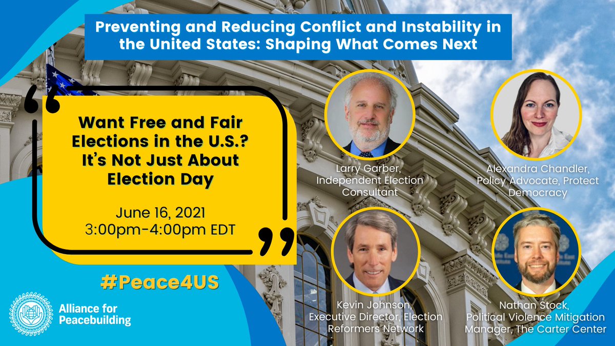 AfPeacebuilding's tweet photo. 🔴 STARTING SOON: Join us at 3pm EDT to hear from Larry Garber @CSIS, @a_chandler @protctdemocracy, @KevinJreformers @ERN_Reformers, & Nathan Stock @CarterCenter as they discuss US election violence in 2020 and what more needs to be done. #Peace4US
https://t.co/jY56AuUFT5 https://t.co/Jzyv2RiR7k