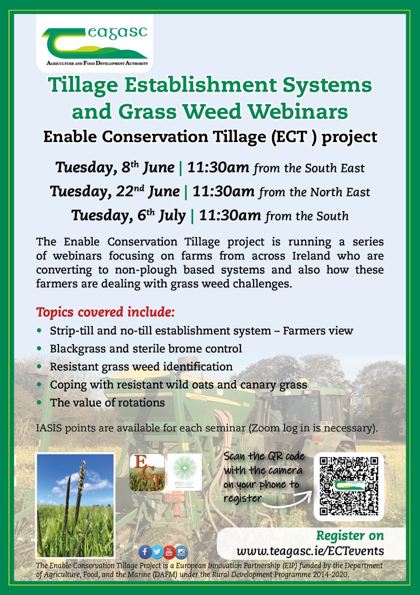 teagasc's tweet photo. The upcoming #ECTproject webinar on Tuesday next, 22 June at 11:30am will look at how two focus farmers have successfully converted to strip-till & no-till systems and how they have managed the grass weed challenge on their farms. Register at https://t.co/6KBgRHuL3Y @TeagascCrops https://t.co/5Iv13lyMBw