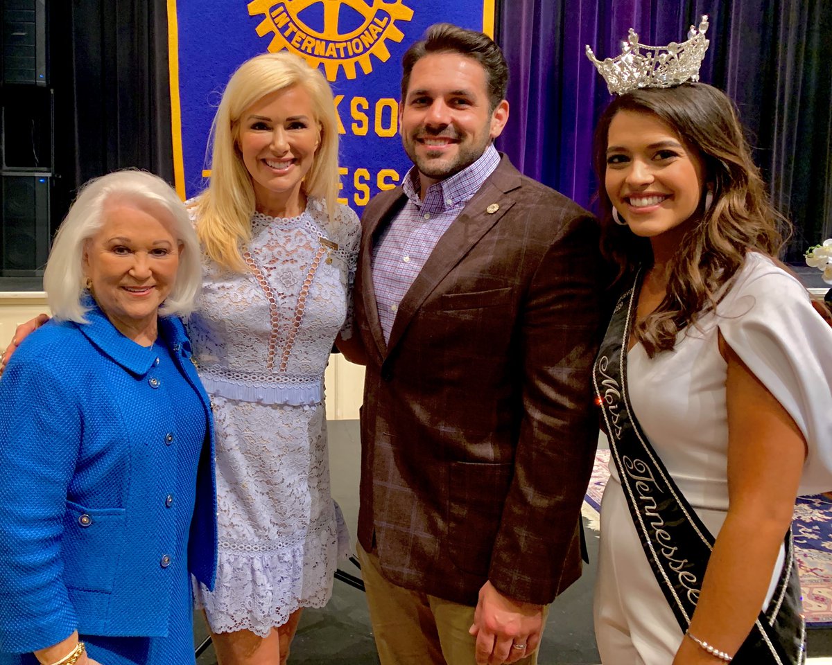 The <a href="/MissTNVolPag/">Miss Tennessee Volunteer Pageant</a> representatives and contestants were guests of the <a href="/jackson_rotary/">Jackson Rotary Club</a> during their Wednesday luncheon at First Methodist, June 16, 2021. <a href="/MayorConger/">Mayor Scott Conger</a> stands in a photo with Directors Jane Alderson and <a href="/allisondemarcus/">Allison DeMarcus</a> and Miss TN Volunteer 2019 Kerri Arnold.